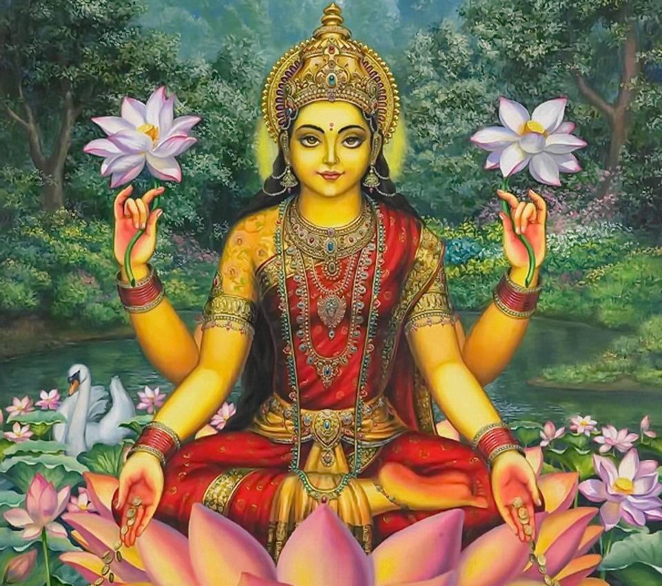 Lakshmi On Lake With Lotus Wallpaper