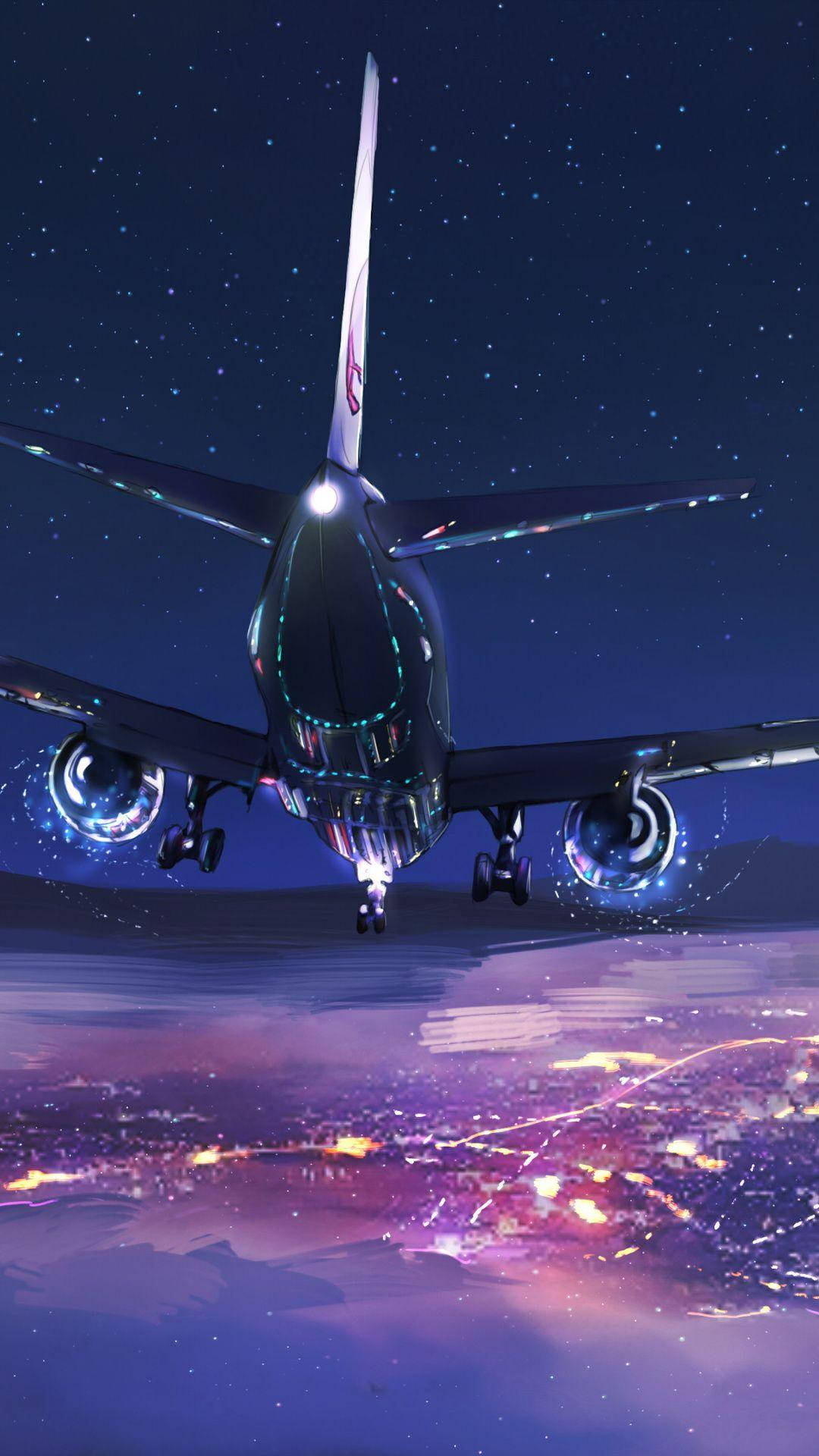 Landing Airplane Android With City Lights Wallpaper