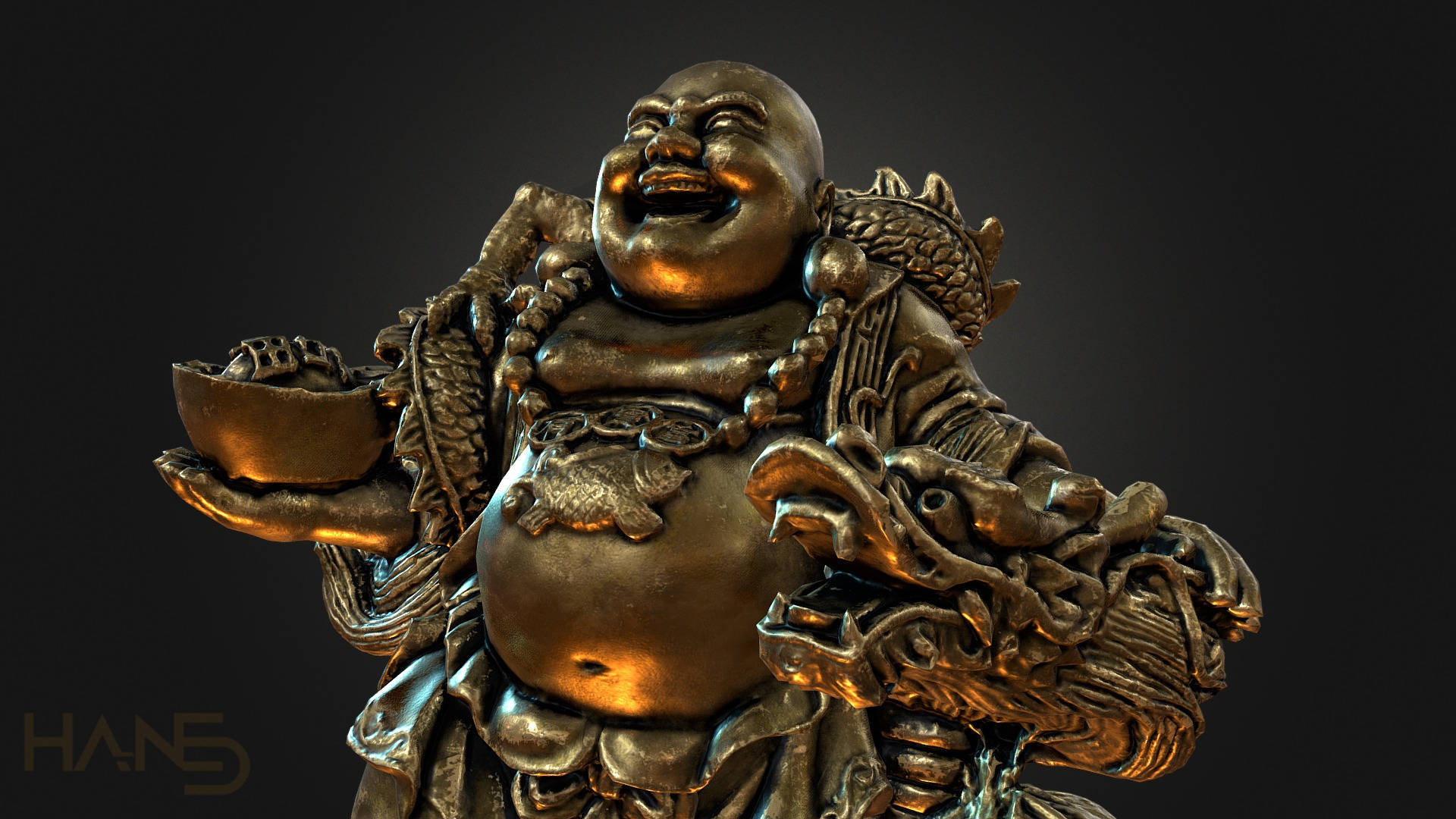 Laughing Buddha And Chinese Dragon Wallpaper
