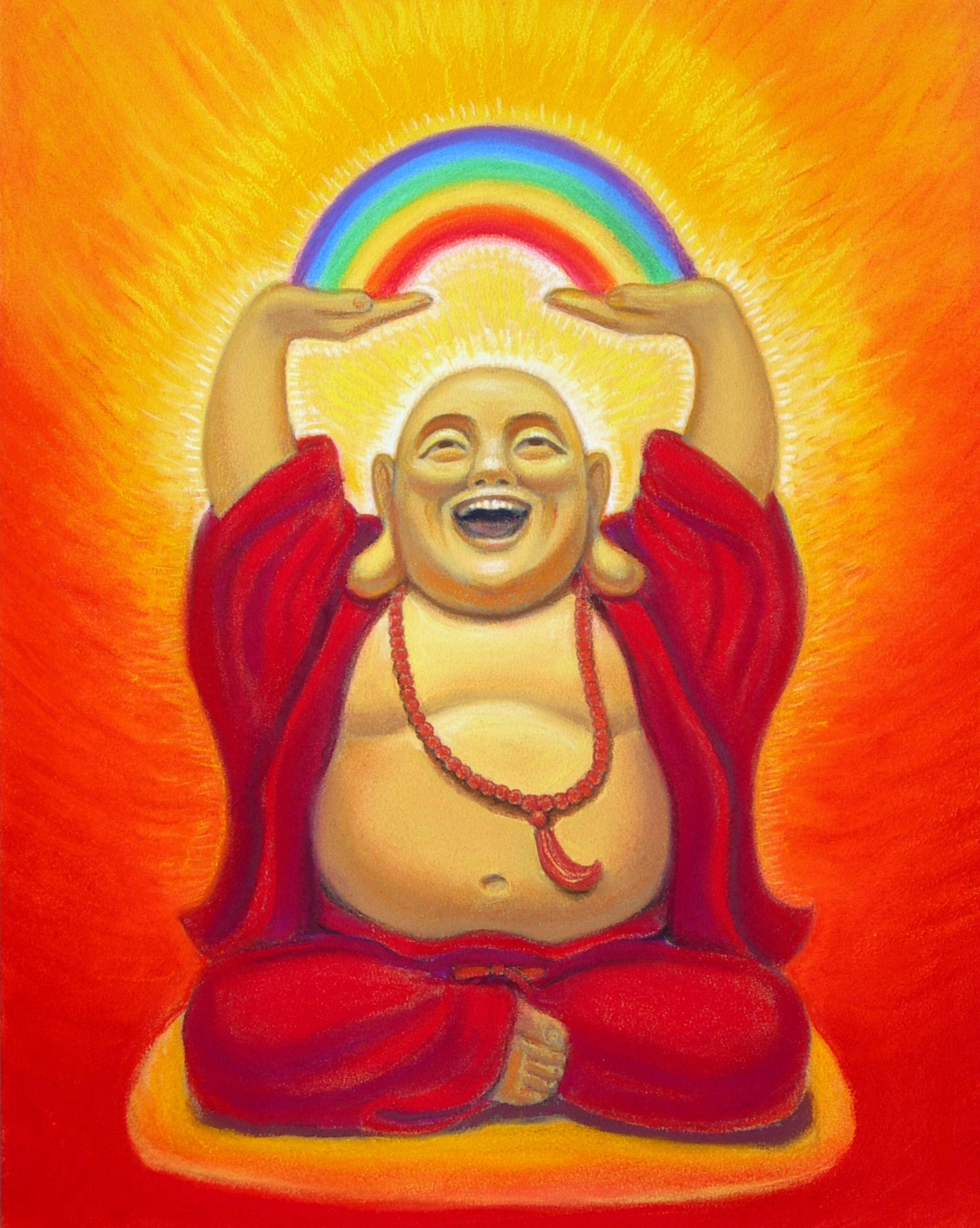 Laughing Buddha Holding A Rainbow Wallpaper