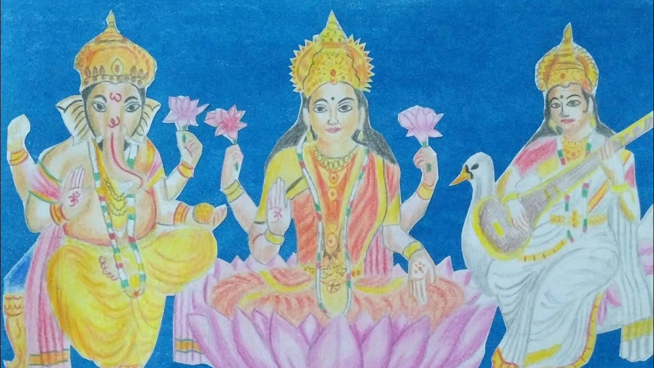 Laxmi Ganesh Saraswati Blue Drawing Wallpaper