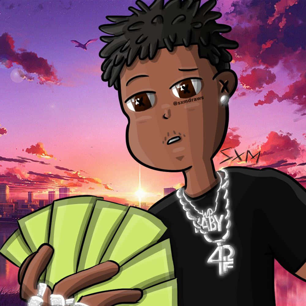 Lil Baby Holding Bills Cartoon Wallpaper