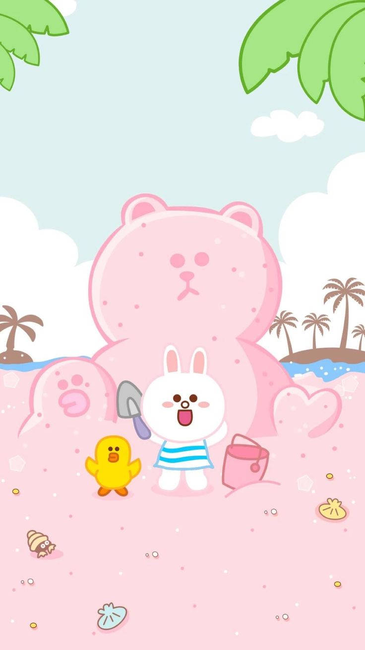 Line Friends Cony And Sally Pink Sand Wallpaper