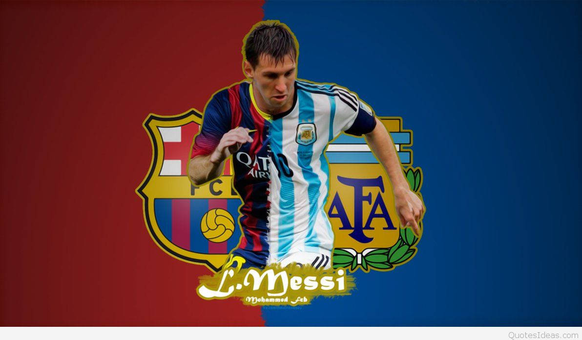 Lionel Messi Celebrating With Barcelona And Argentina Logo Wallpaper