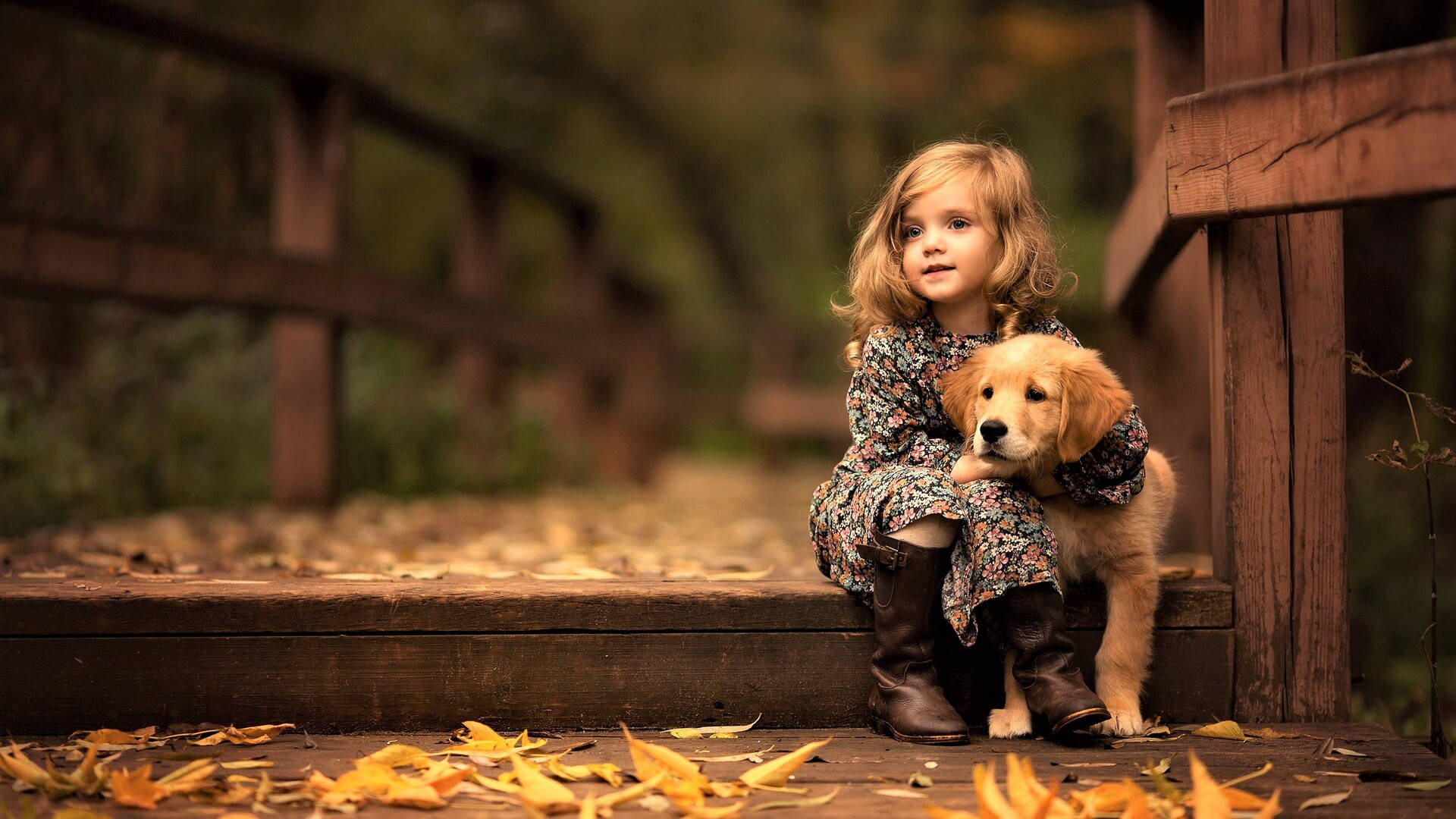Little Girl With Golden Retriever Puppy Desktop Wallpaper