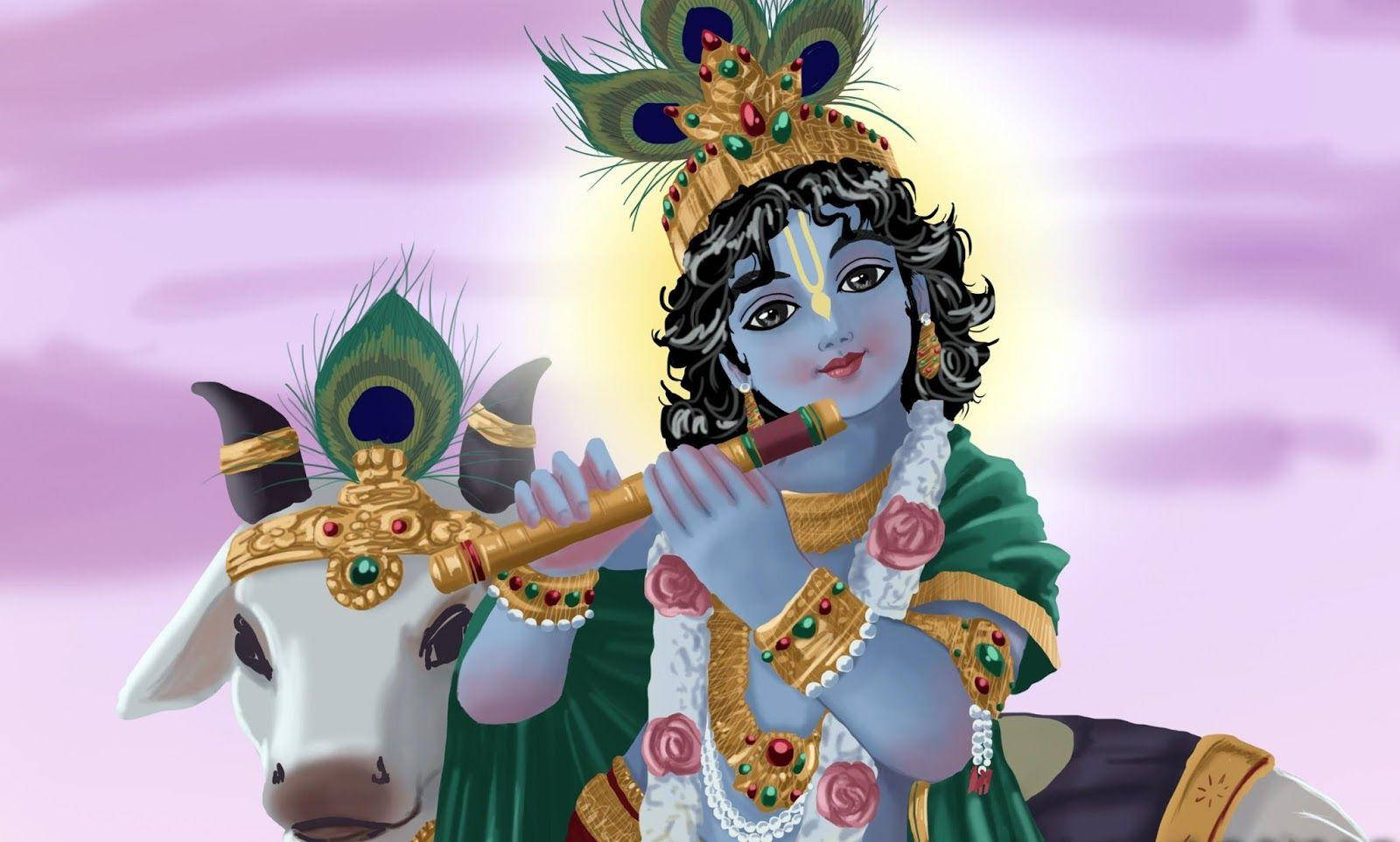 Little Krishna Hd With Cow Gold And Green Wallpaper