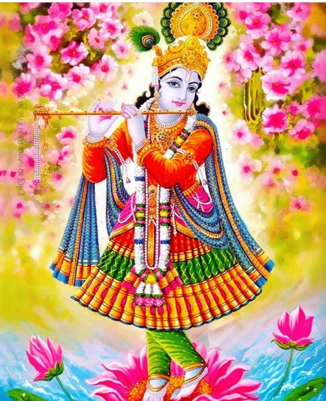 Little Krishna With Pink Flowers Wallpaper