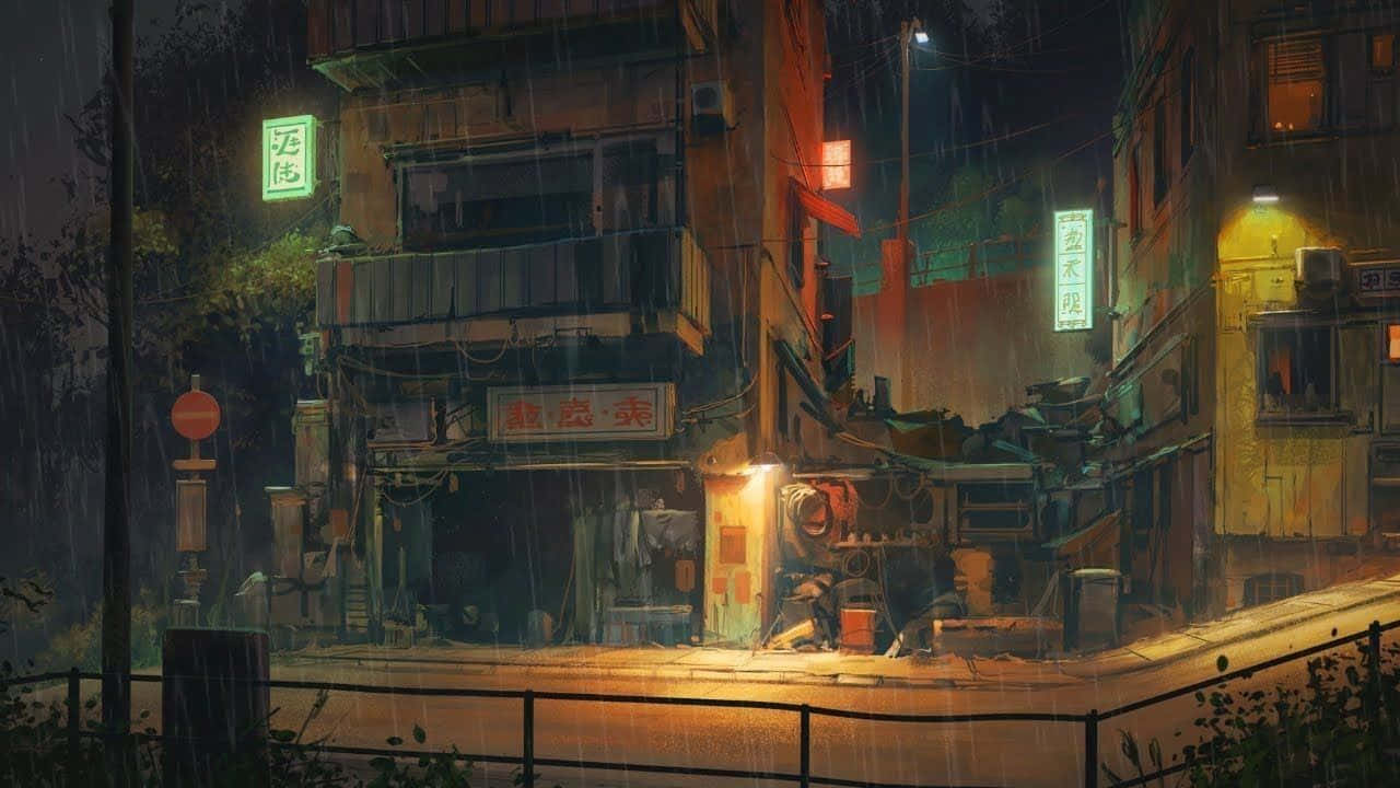 Lo Fi Raining City Streets Desktop Wallpaper
