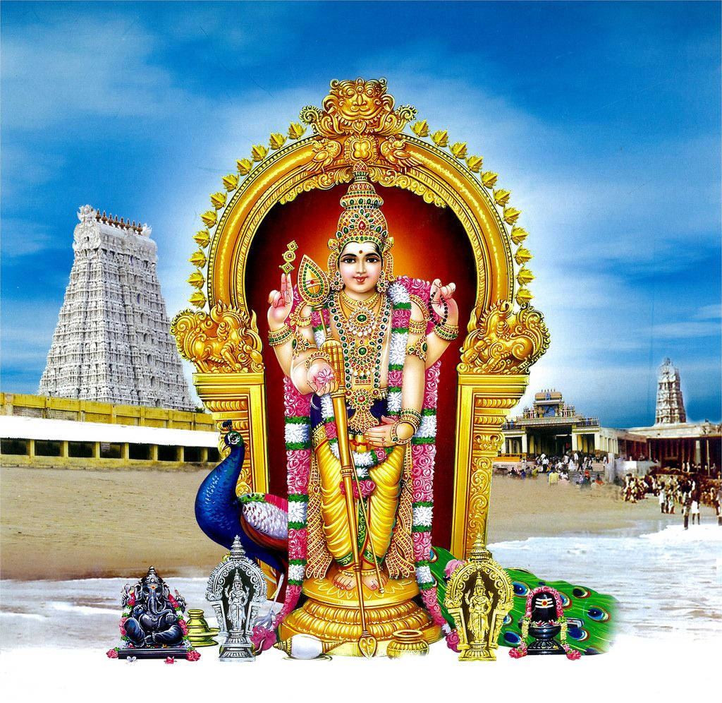 Lord Murugan With Temples Wallpaper