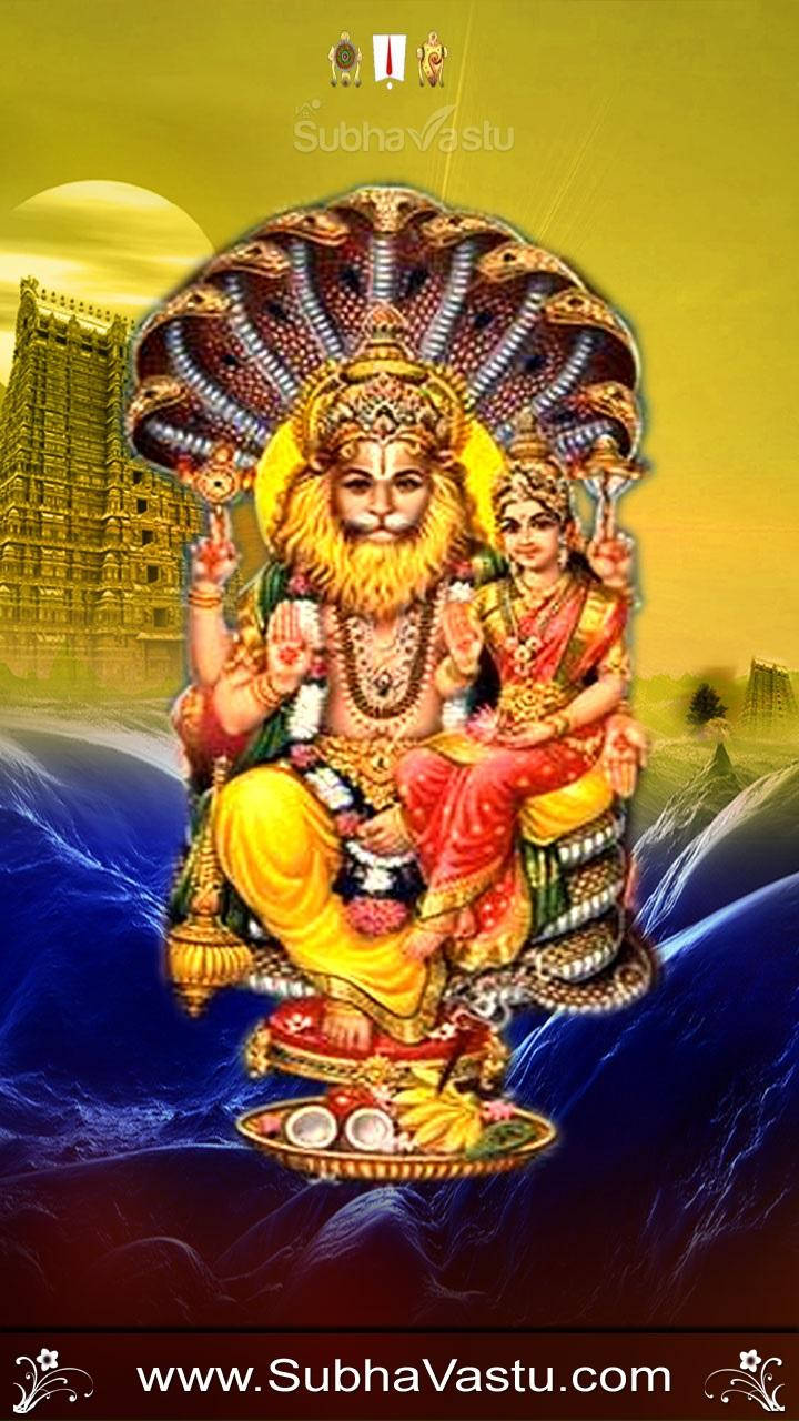 Lord Narasimha Blue And Yellow Background Wallpaper