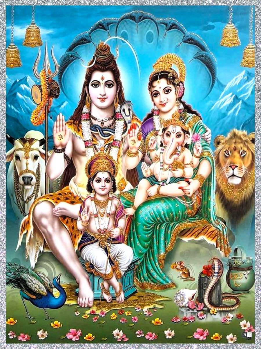 Lord Shiva Family With Exotic Animals Wallpaper