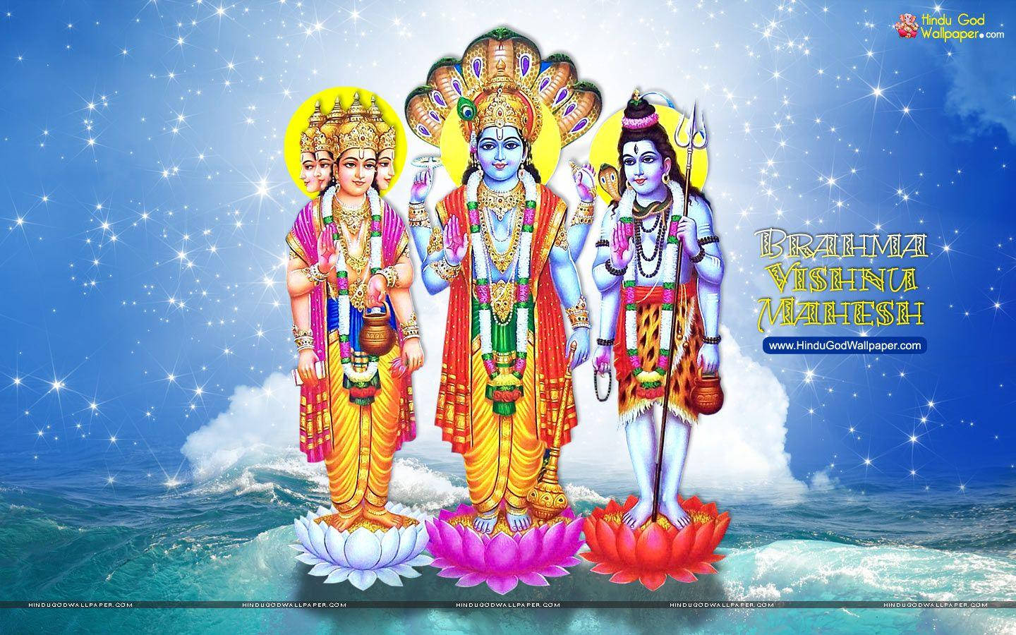 Lord Vishnu In Between Two Goddesses Wallpaper