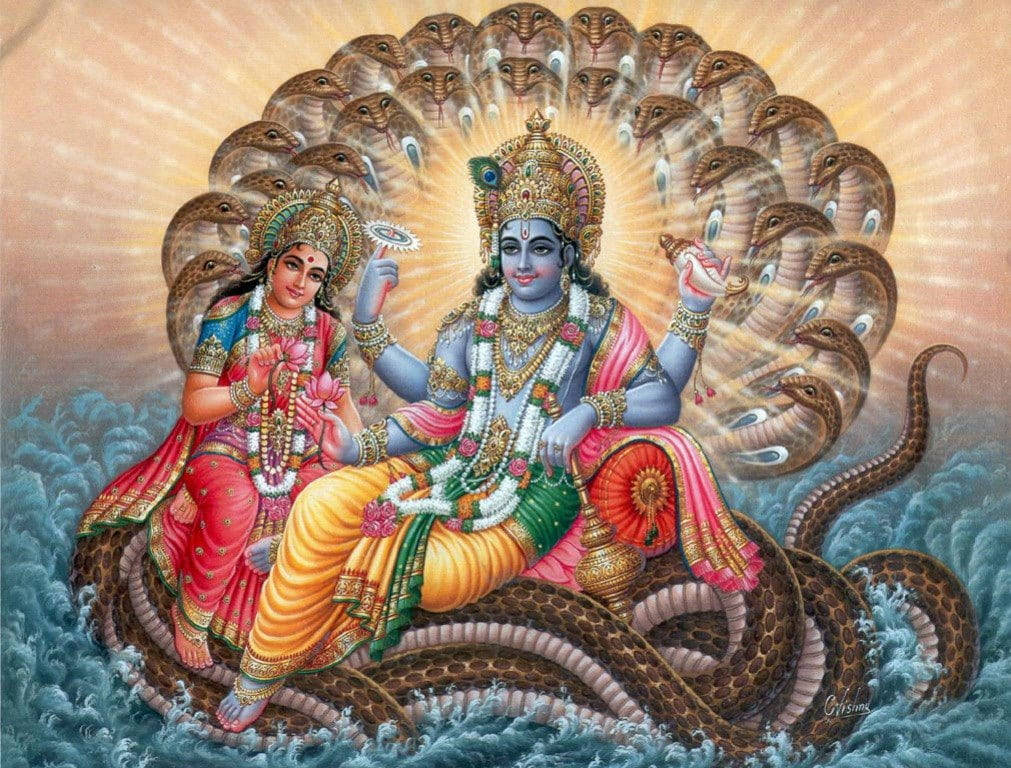 Lord Vishnu Sitting With Lakshmi Wallpaper