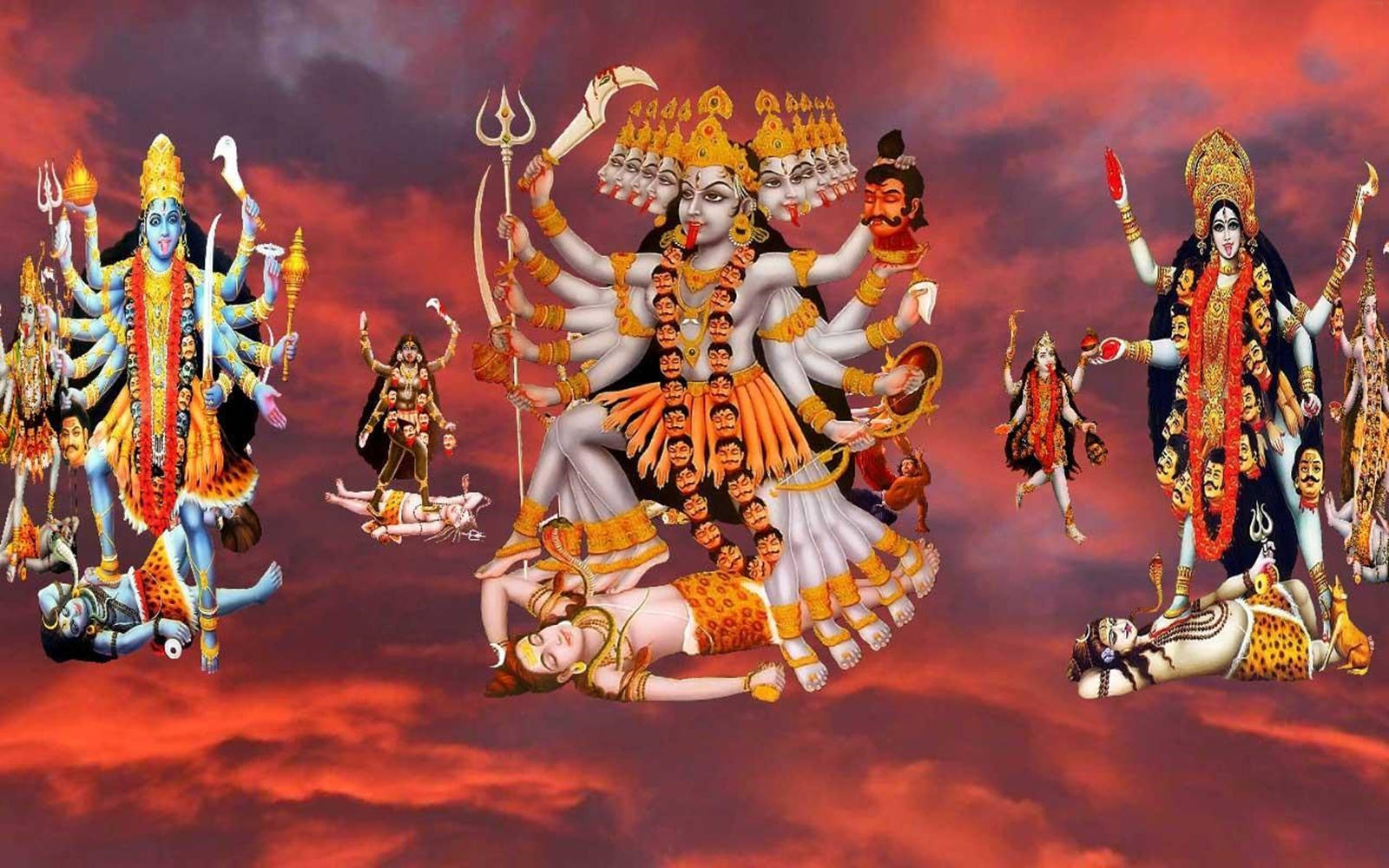 Maa Kali On Shiva Paintings On Red Sky Wallpaper
