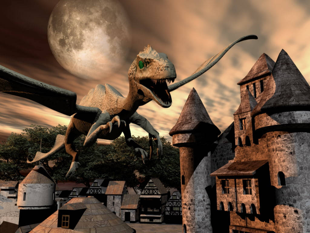 Majestic 3d Dragon Dominating The Town Wallpaper