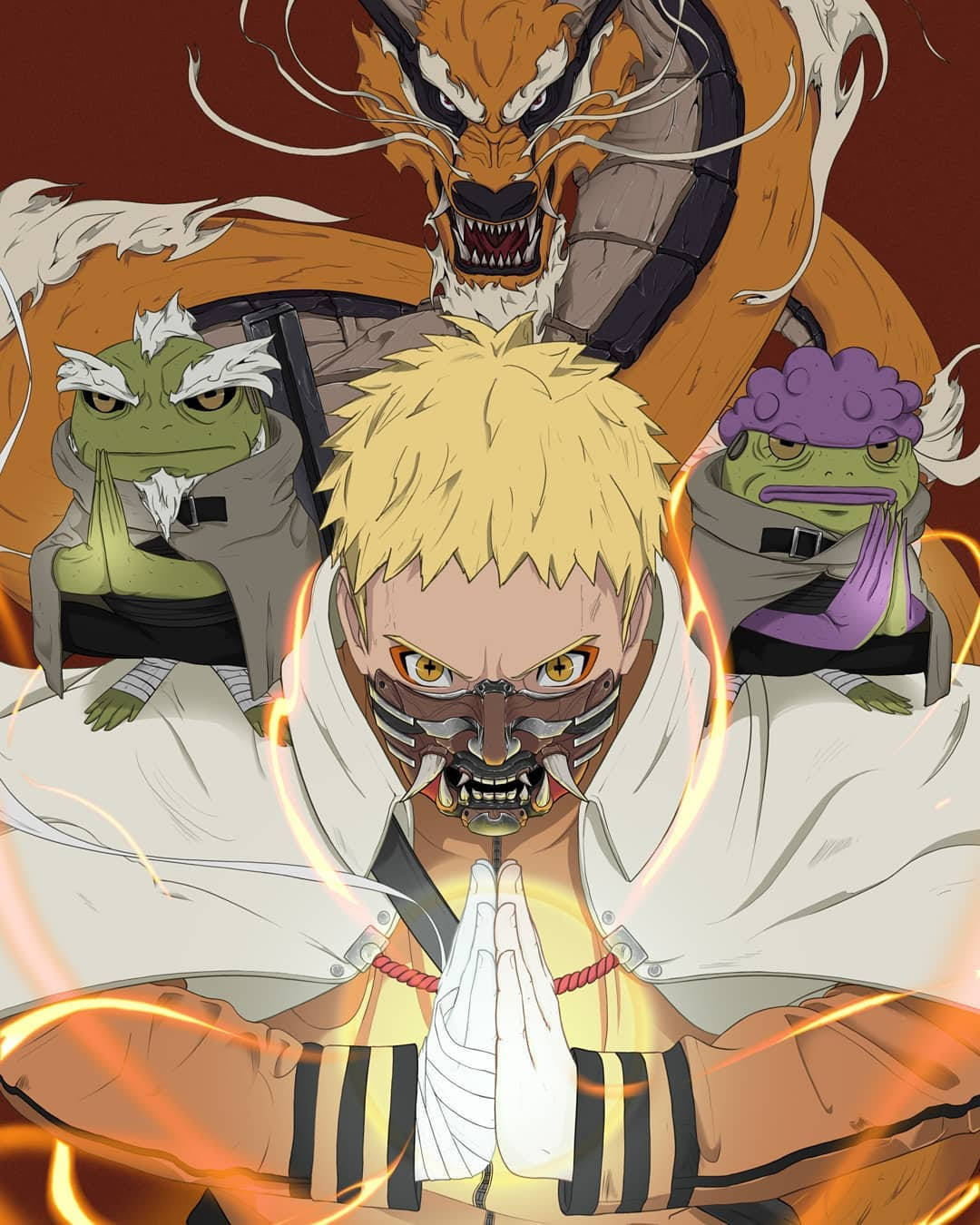 Majestic Collaboration - Naruto Uzumaki In Sage Mode, Kurama And Fukasaku Wallpaper