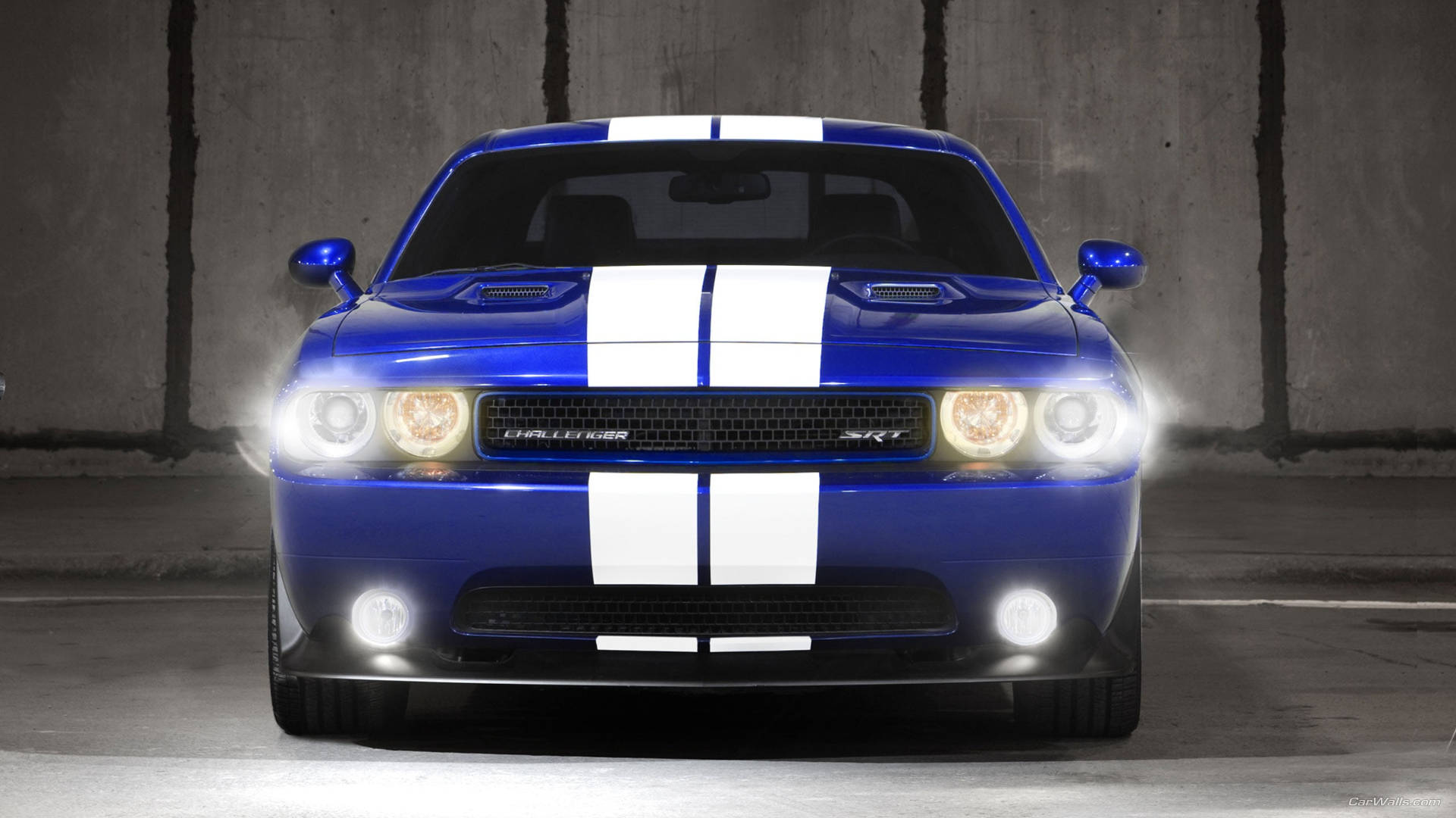 Majestic Front View Of 2012 Blue Dodge Challenger Wallpaper