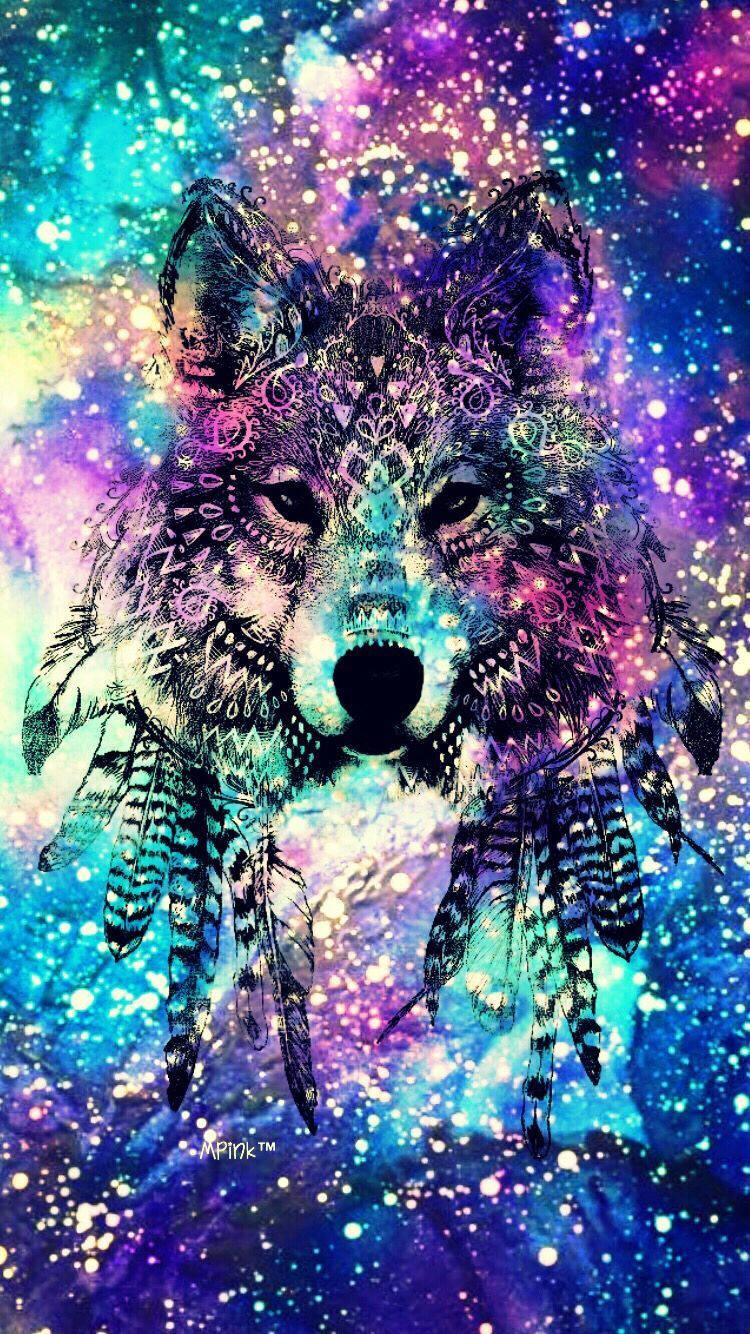 Majestic Galaxy Wolf Adorned With Feather Mask Wallpaper
