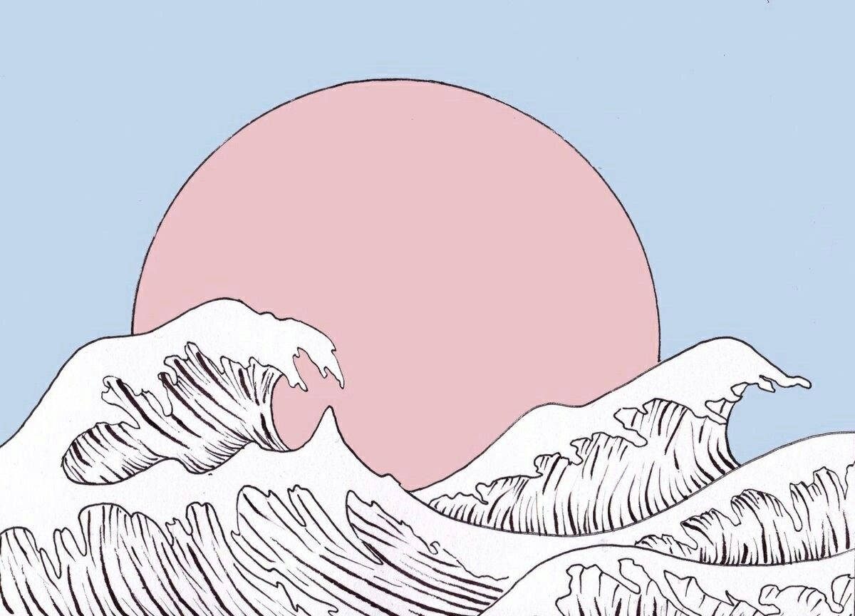 Majestic Japanese Waves With Pink Sun Wallpaper