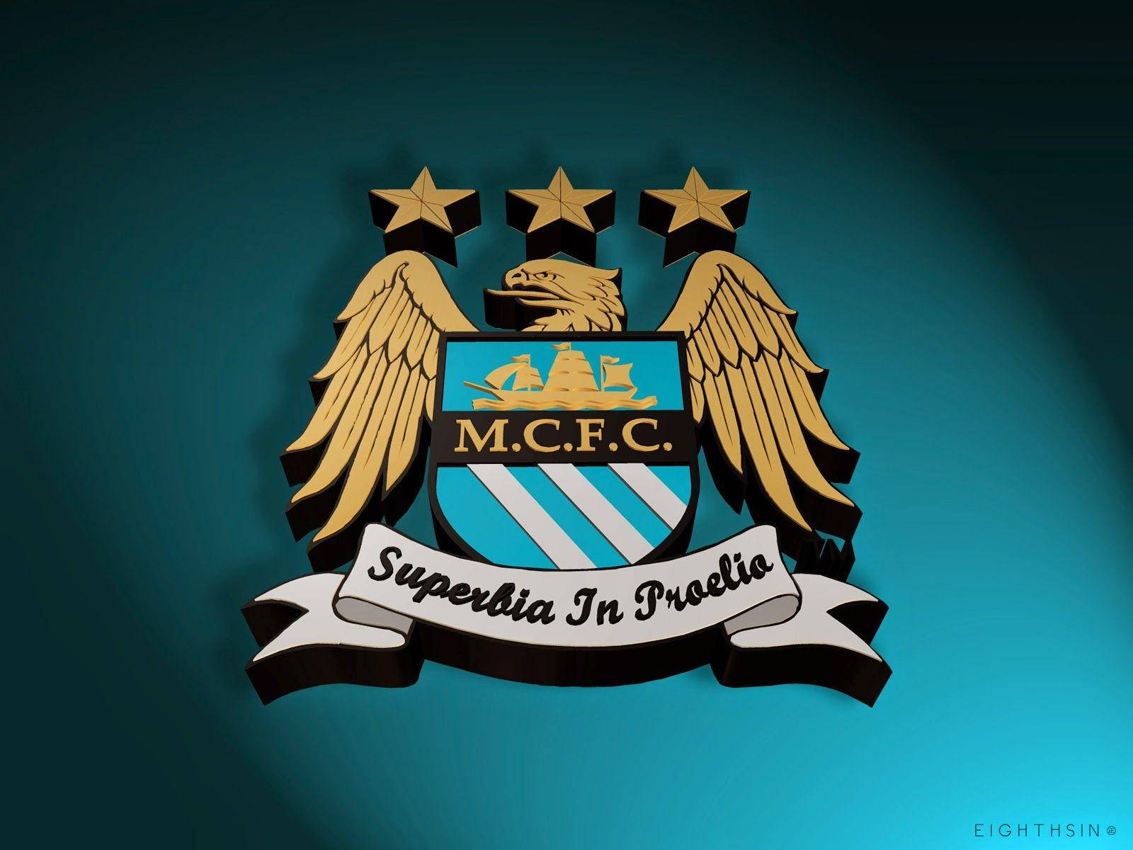 Manchester City Fc Logo Over Blue Backdrop Wallpaper