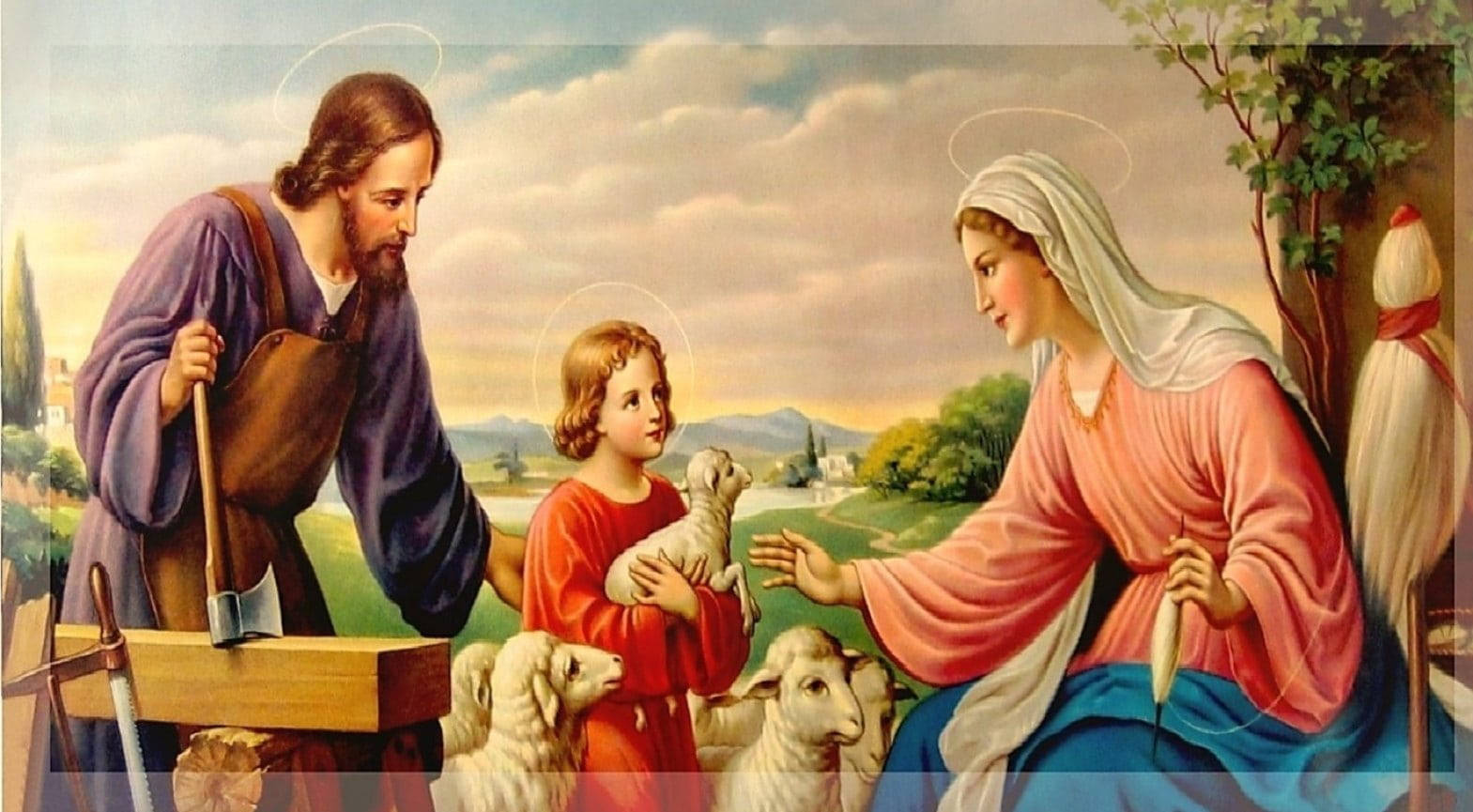 Mary And Jesus With Lambs Wallpaper
