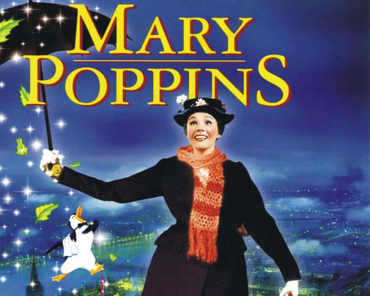 Mary Poppins Soaring High With Umbrella Wallpaper