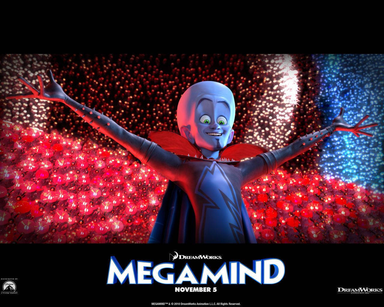 Megamind Illuminated In Red And Blue Lights Wallpaper