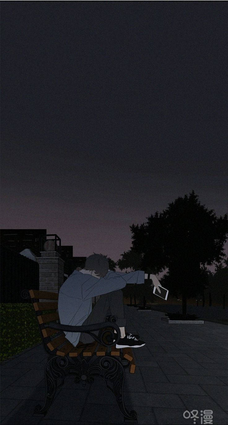Melancholy Anime Aesthetic: A Lone Figure On A Park Bench Wallpaper