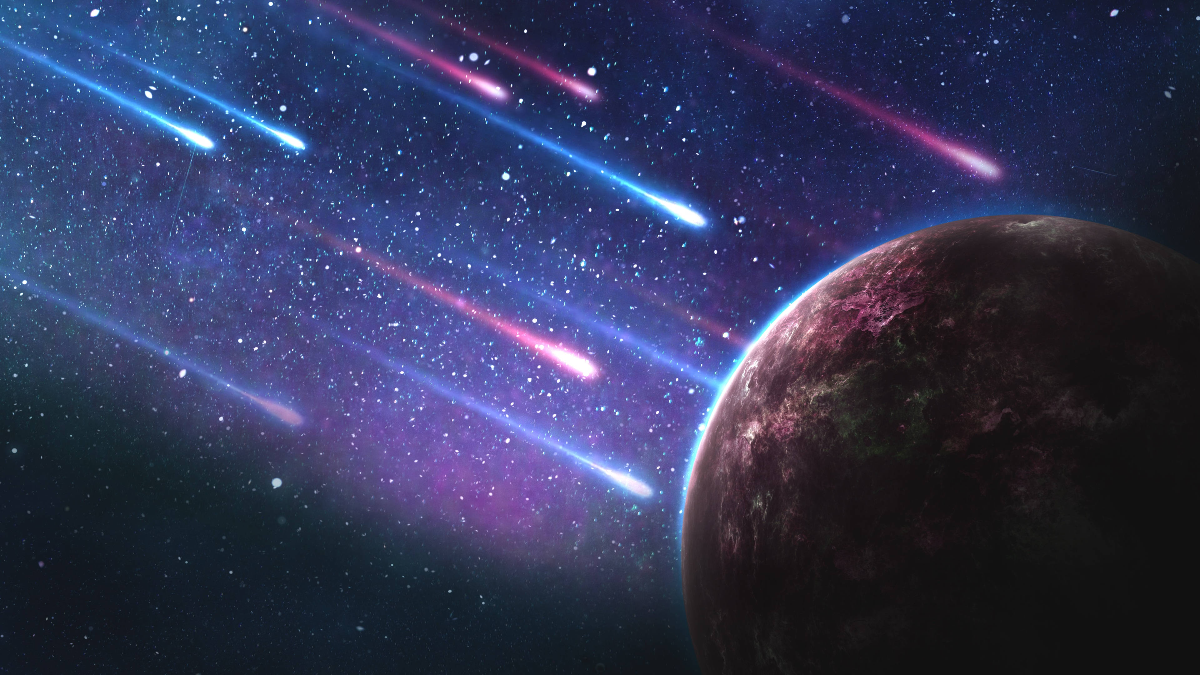 Meteors, Asteroids And A Planet In Colorful Galaxy Wallpaper