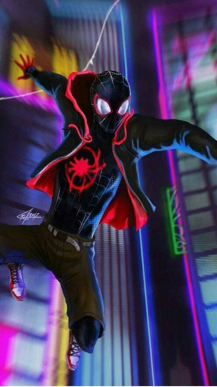 Miles Morales Leaps Over A Neon Skyline Wallpaper