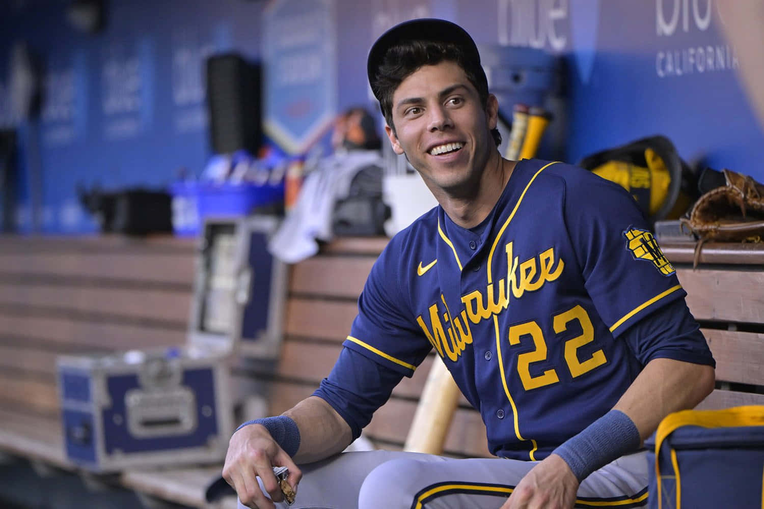 Milwaukee Baseball Player Smiling Dugout Wallpaper