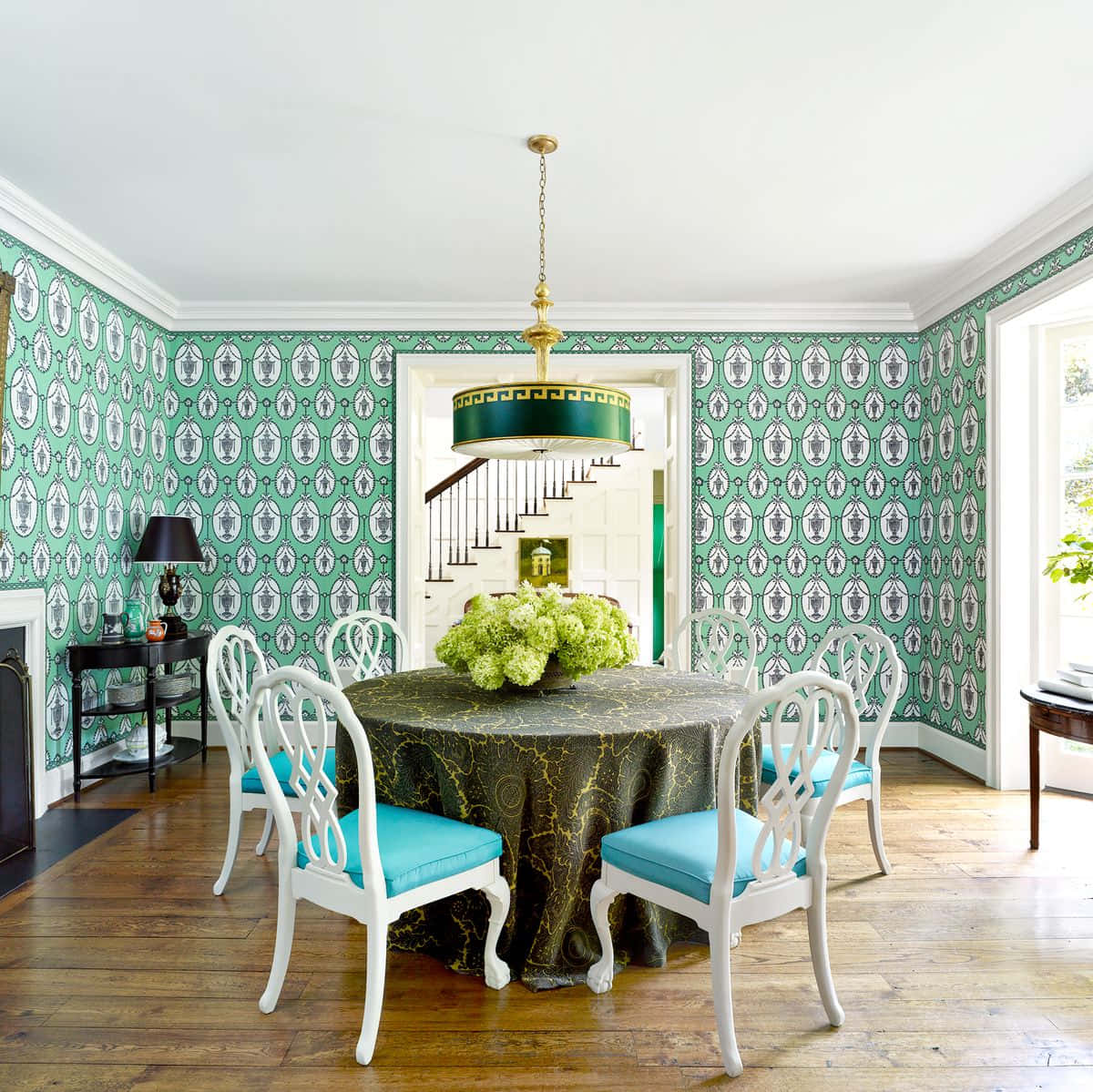 Mint Green Dining Room With White Chairs Wallpaper