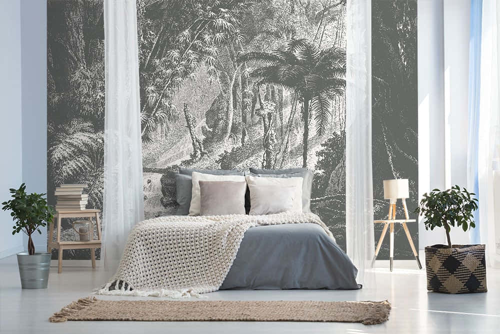 Modern Bedroomwith Blackand White Jungle Wallpaper Wallpaper