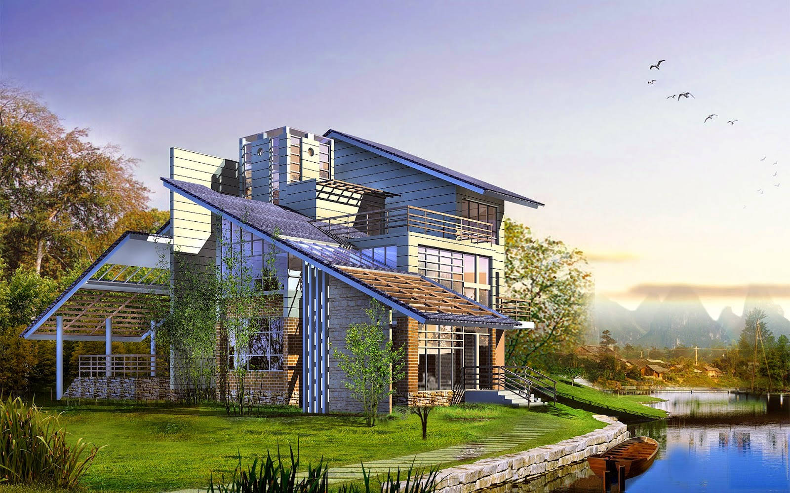 Modern House Along The Riverside Wallpaper