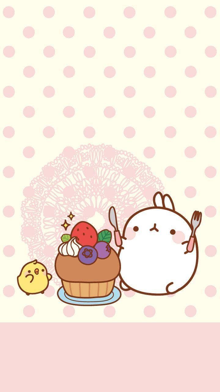 Molang Eating Cupcake With Berries Wallpaper