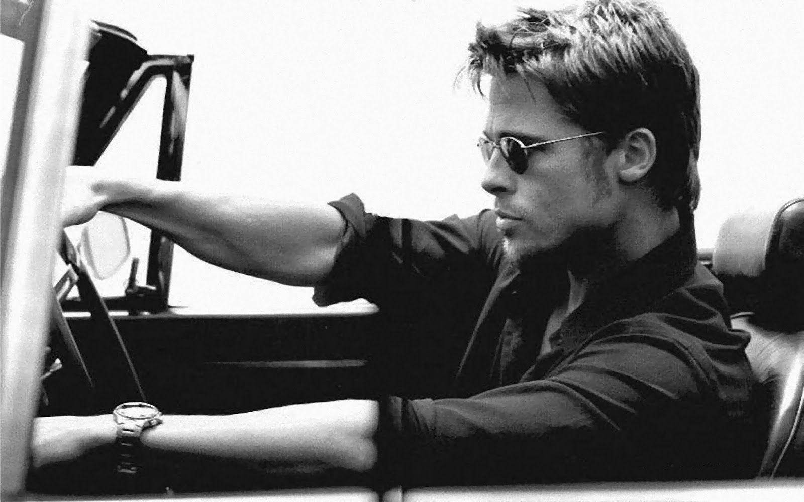 Monochrome Brad Pitt Driving Car Wallpaper