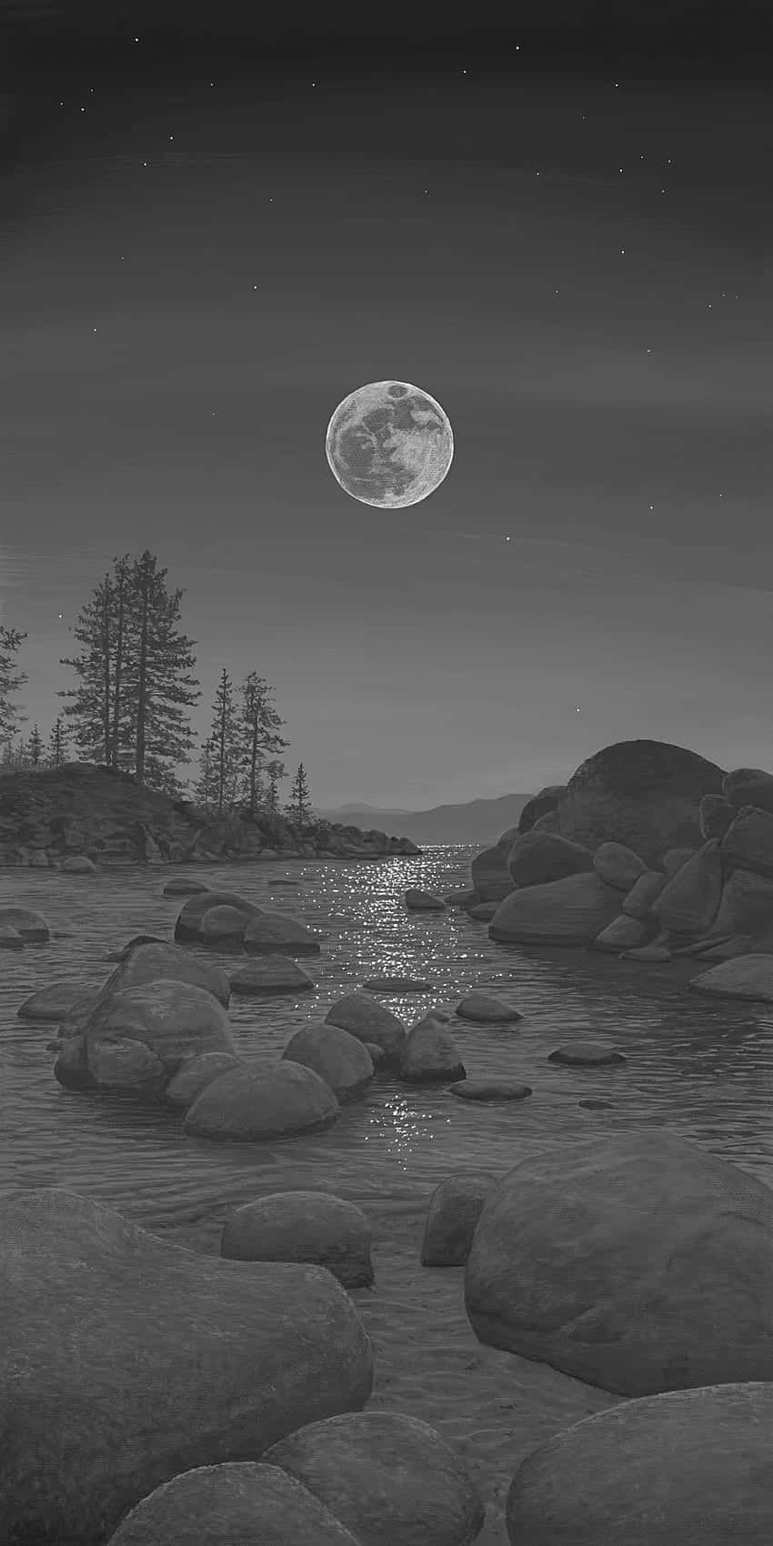 Moonlit Riverbed Black And White Wallpaper