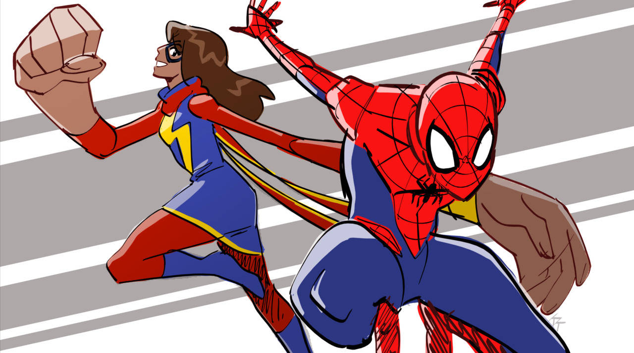 Ms Marvel And Spiderman Simple Art Wallpaper