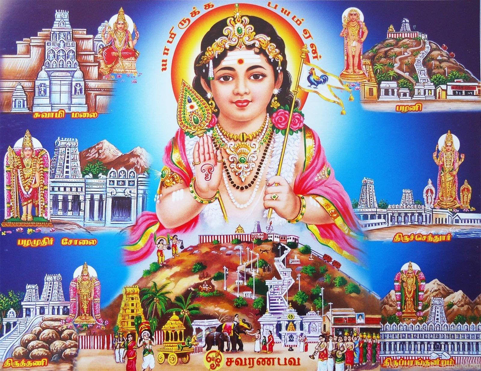 Murugan Above Hill With Deities And Temples Wallpaper