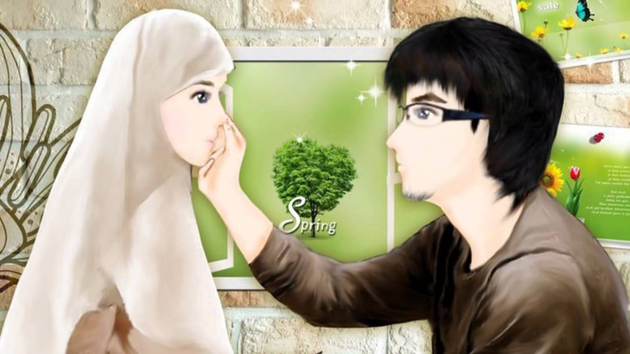 Muslim Couple Cartoon Boy Rubbing Girl's Cheek Wallpaper