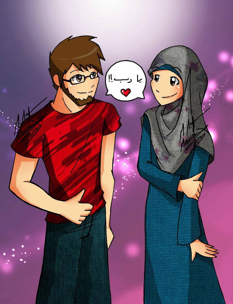 Muslim Couple Cartoon Drawing Wallpaper
