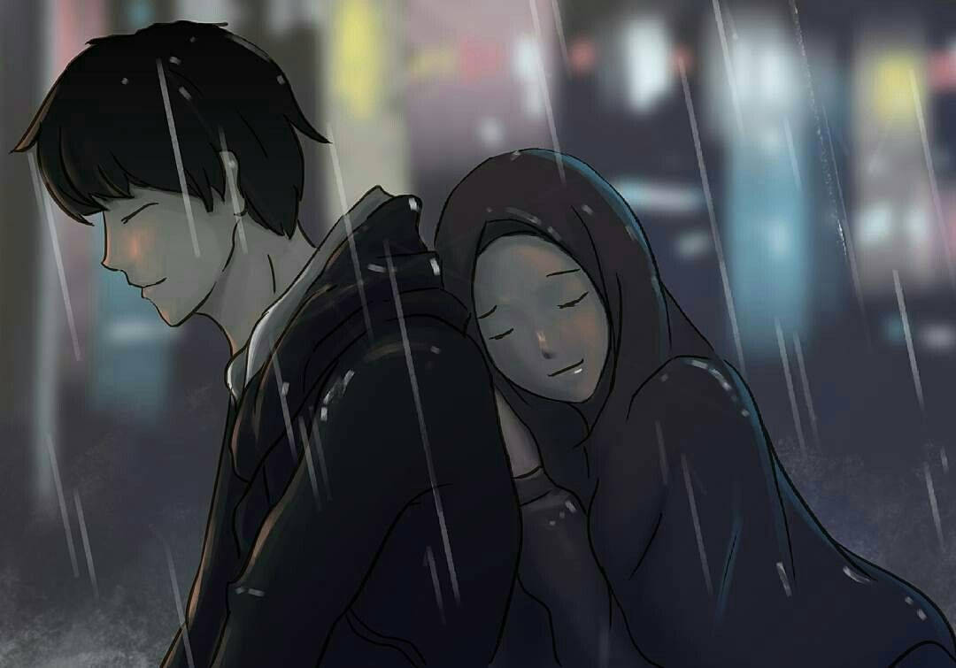 Muslim Couple Cartoon Under The Rain Wallpaper