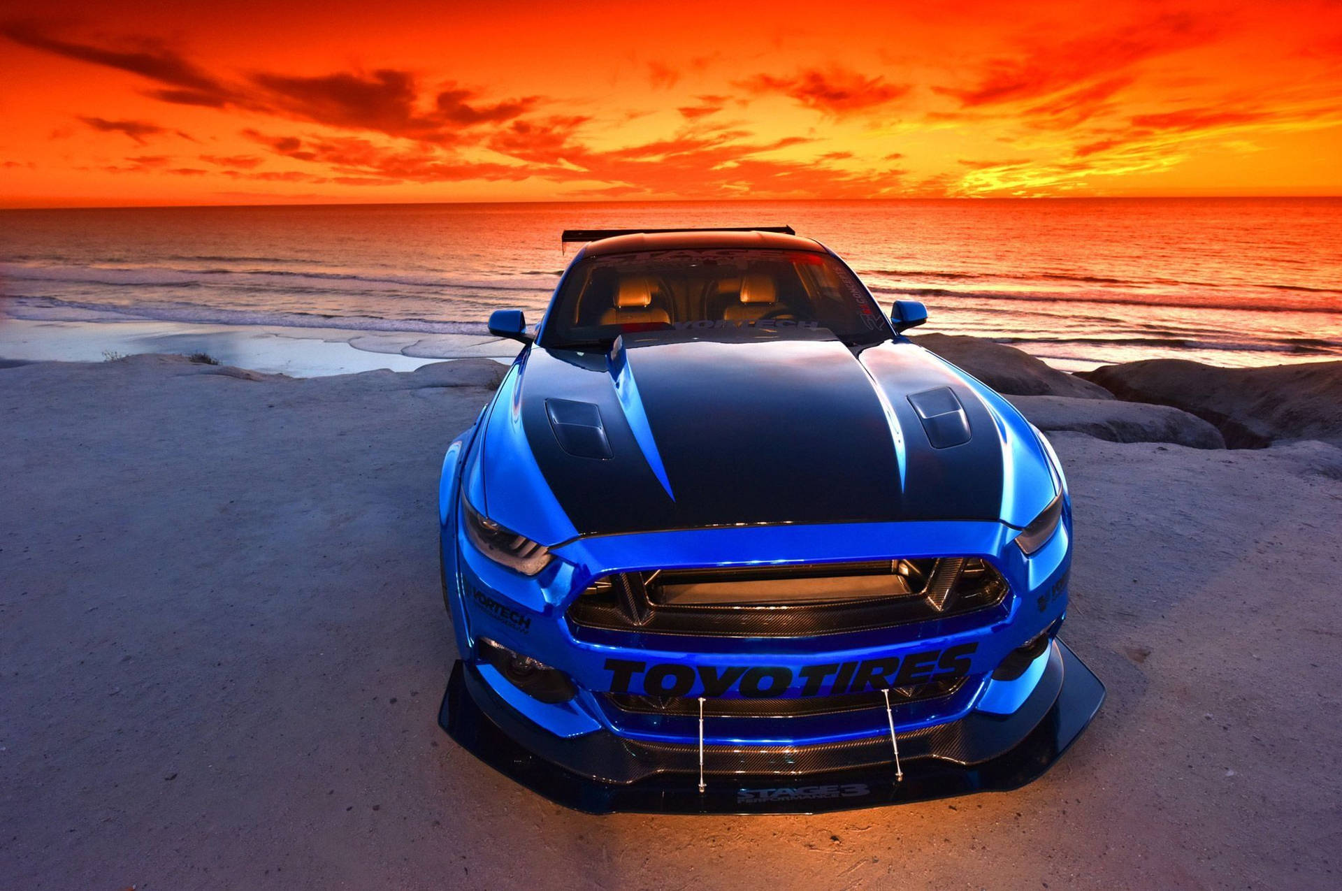 Mustang On Sunset Beach Wallpaper