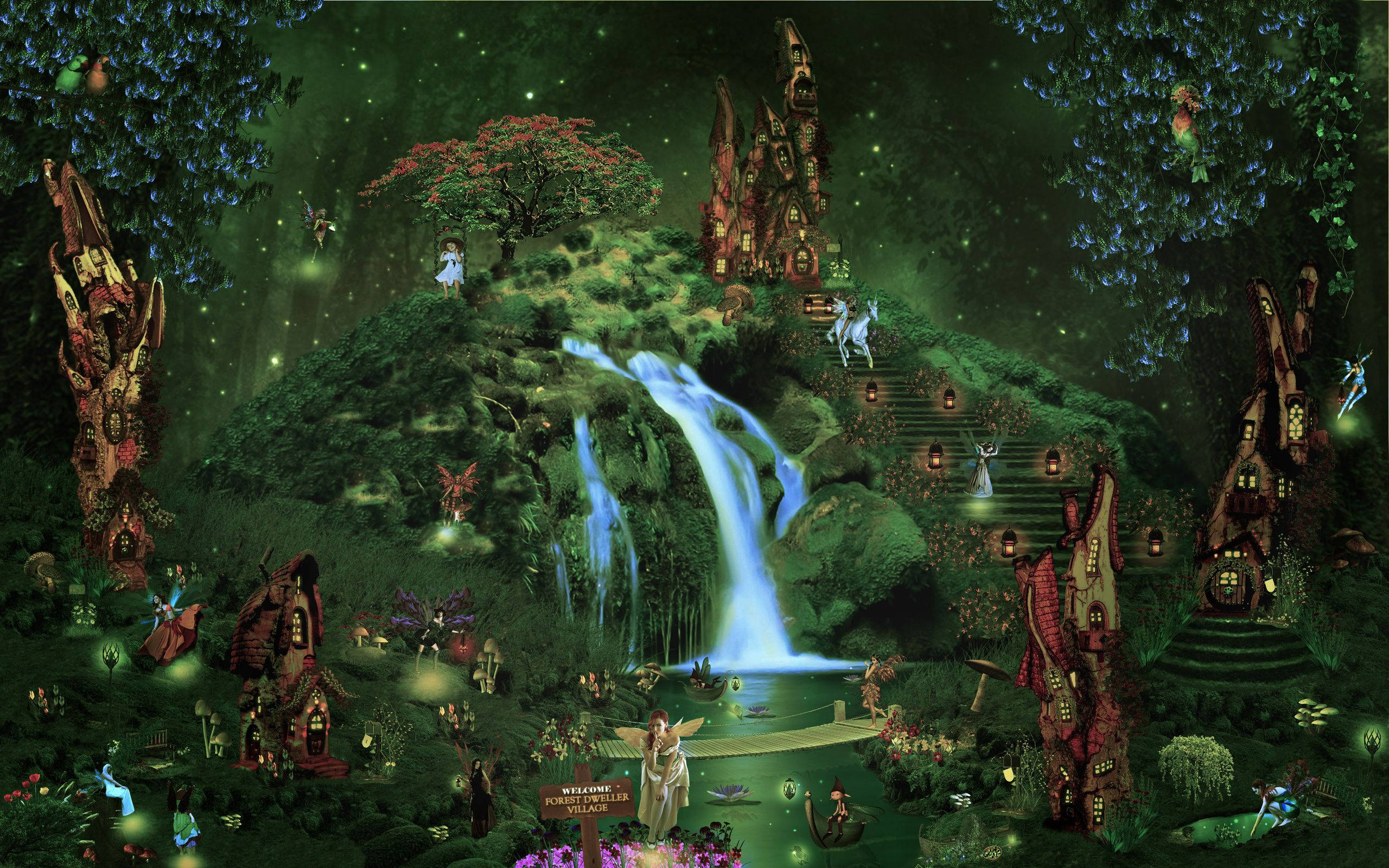 Mystical Fairy Village In The Enchanted Forest Wallpaper