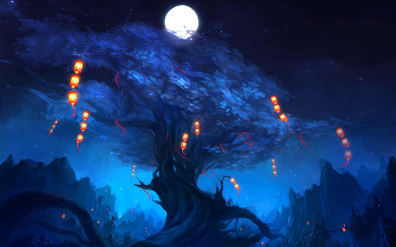 Mystical Tree With Lanterns Wallpaper