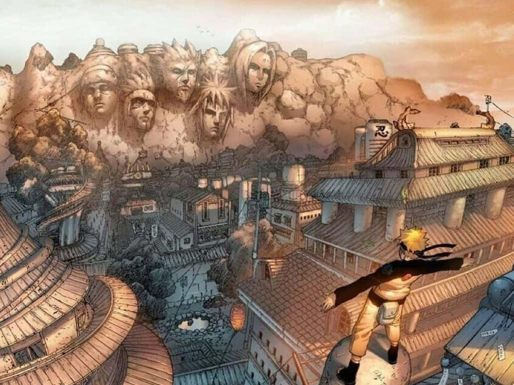 Naruto In Konoha Village And Hokage Rock Wallpaper