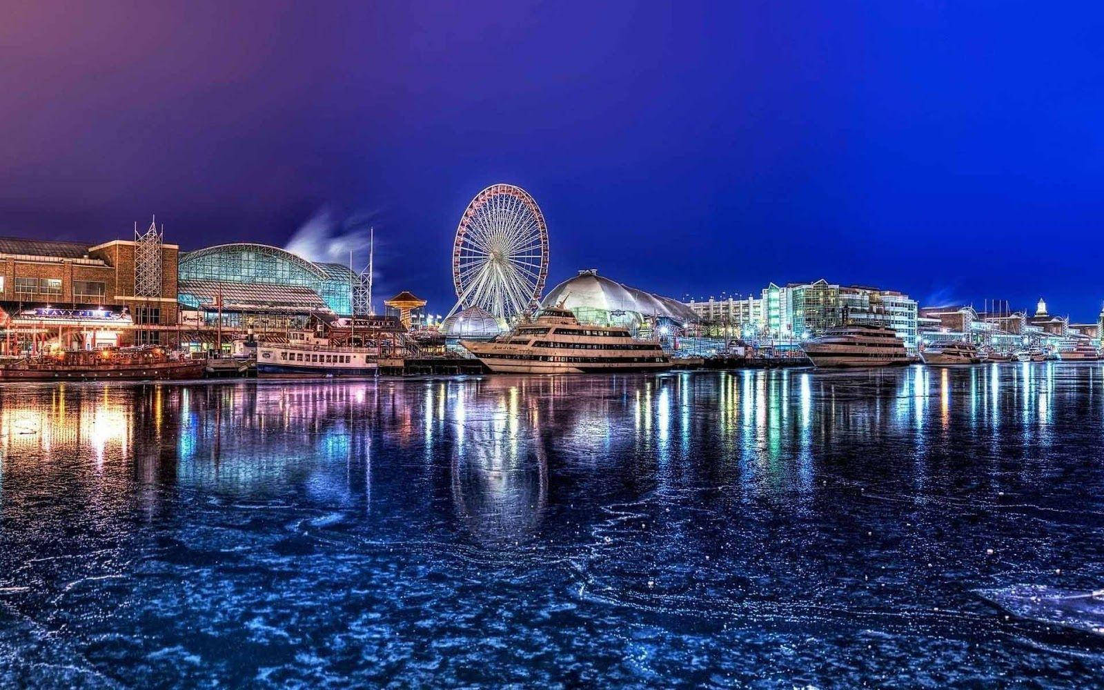 Navy Pier Blue Aesthetic Night Wallpaper