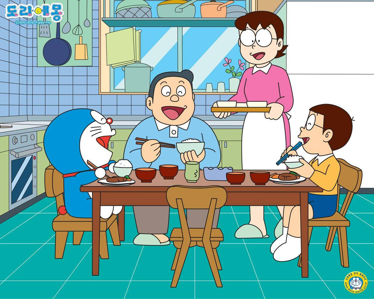 Nobita And Family During Dinner Wallpaper