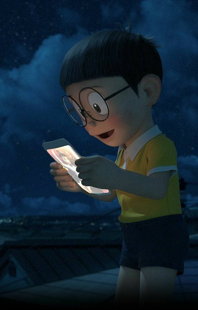 Nobita Looking At His Phone Wallpaper