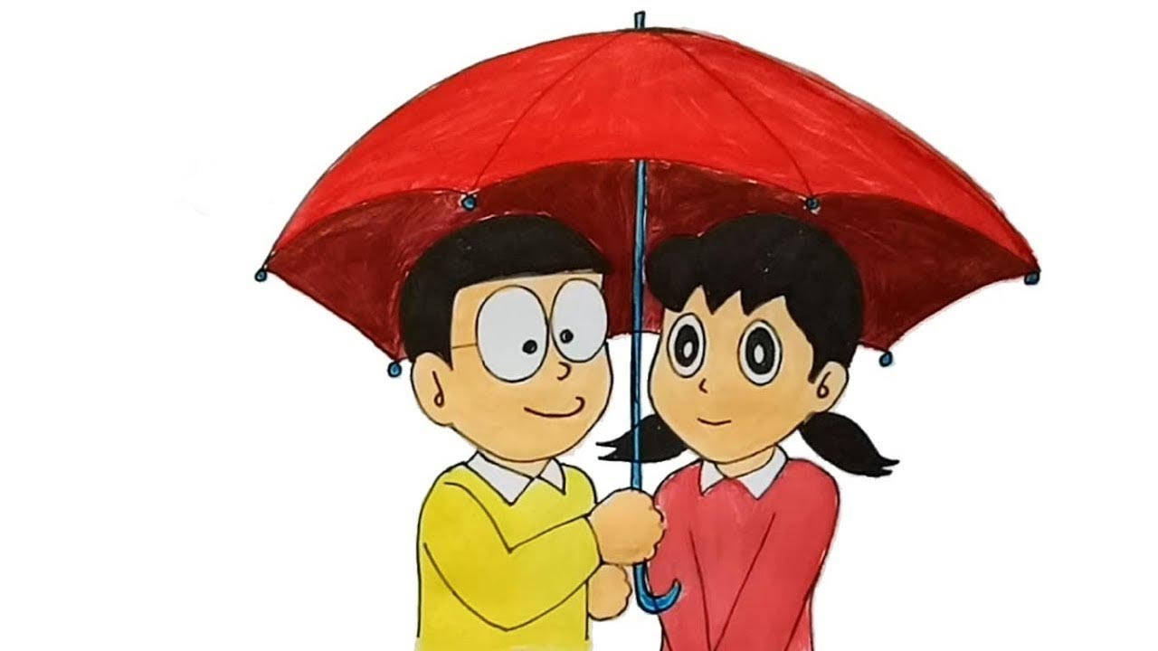 Nobita Shizuka Hd Red Umbrella Wallpaper